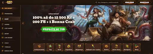 Uvítací obrazovka kasina FatPirate s piráty, pokladem a bonusem až 12 500 Kč + 200 FS + 1 Bonus Crab