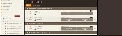 CS2 sázení na Fatpirate – Živé sázky na zápasy G2 Esports, Team Falcons a další týmy E-sport sázení na Counter-Strike 2 zápasy na Fatpirate – živé kurzy pro týmy jako G2 Esports, FURIA, 777 Esports a další.