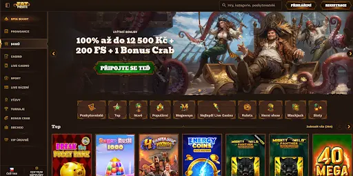 Fatpirate Casino – Domovská stránka s bonusy, přihlášením a výběrem populárních her Hlavní stránka online kasina Fatpirate s bonusovou nabídkou 100% až do 12 500 Kč + 200 FS + 1 Bonus Crab, herními kategoriemi a populárními automaty.