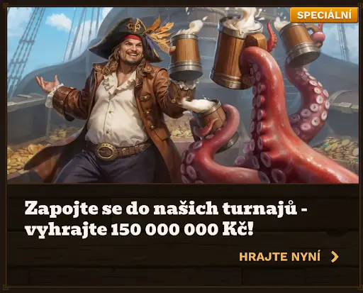 Pirátský turnaj s výhrami až 150 000 000 Kč – pirát s korbelem a chobotnice na palubě lodi