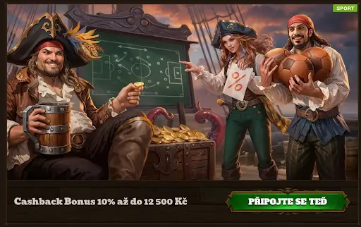 Piráti na palubě lodě diskutují o sportovní strategii s cashback bonusem až do 12 500 Kč