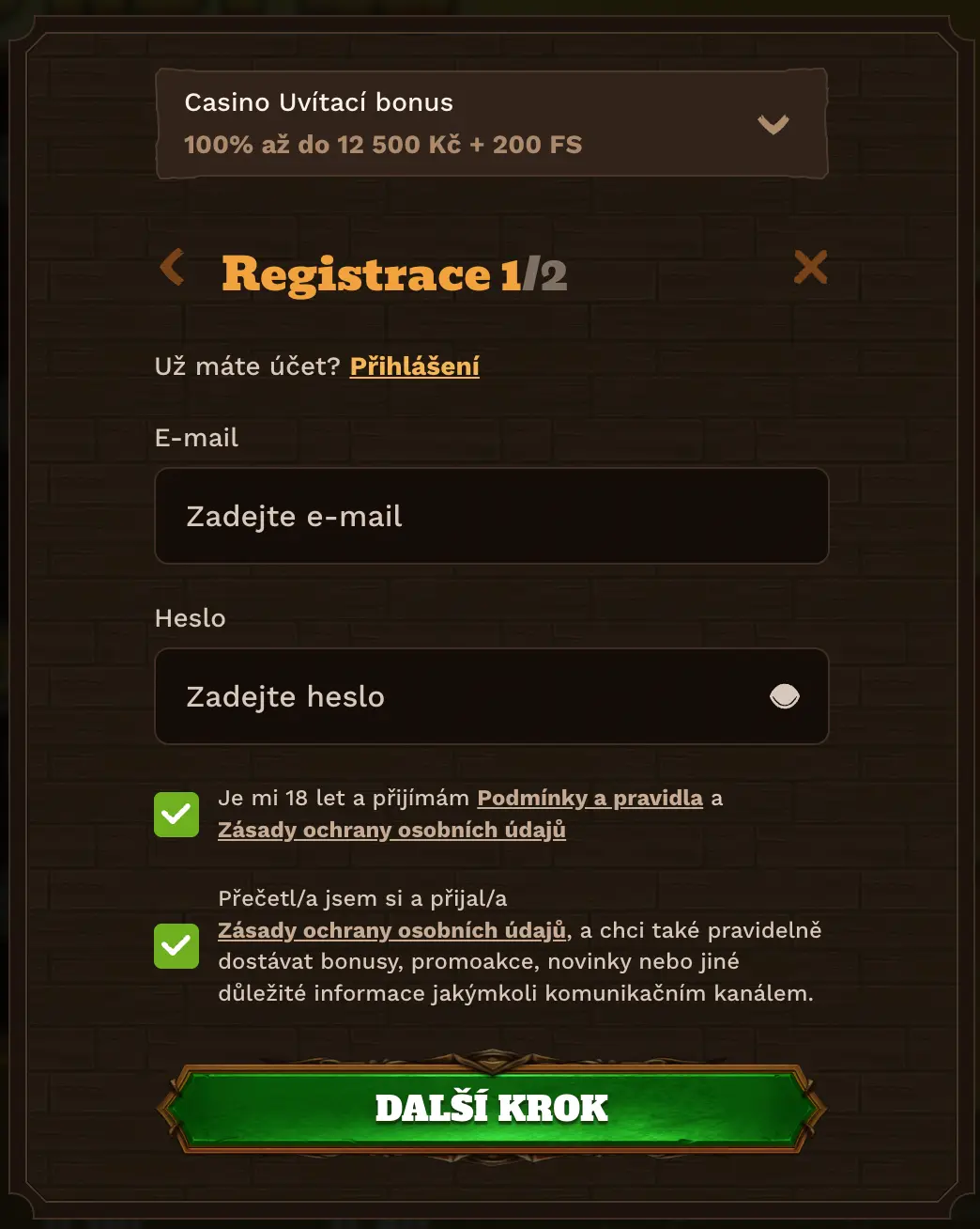 Registrace do FatPirate kasina – krok 1 ze 2 s uvítacím bonusem až 12 500 Kč + 200 FS Registrační formulář v online kasinu FatPirate s uvítacím bonusem 100 % až do 12 500 Kč a 200 zatočení zdarma