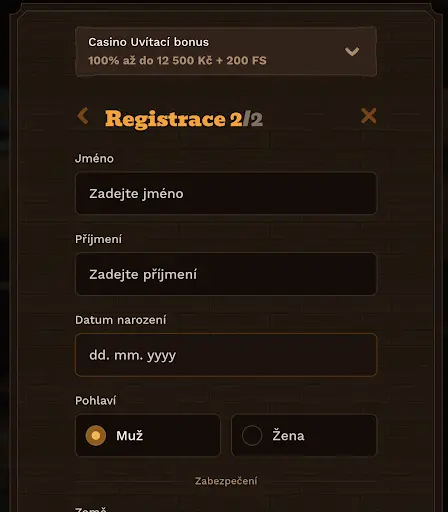 Druhý krok registrace v kasinu FatPirate s formulářem pro zadání jména, příjmení, data narození a pohlaví
