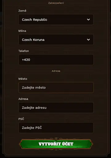 Formulář pro vytvoření účtu v kasinu FatPirate – výběr země, měny, telefonní číslo a adresa