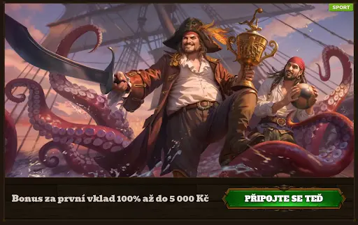 Fatpirate Casino – Bonus za první vklad 100 % až do 5 000 Kč pro nové hráče Piráti na palubě lodi s pokladem a trofejí – Fatpirate uvítací bonus až 5 000 Kč.