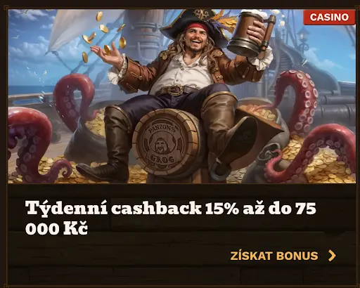 Pirátská postava sedící na sudu s grogem, obklopená mincemi a chapadly, propagující týdenní cashback bonus