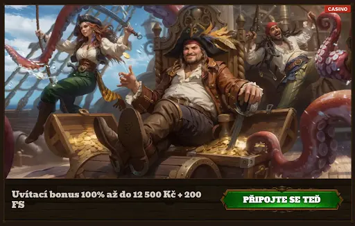 Piráti na palubě lodi s truhlami zlata a obřími chapadly, propagující uvítací bonus v online kasinu