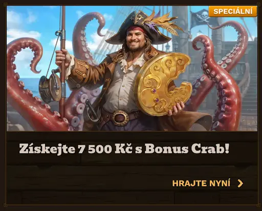 Pirátská postava s rybářským prutem a zlatým krabím bonusem obklopená chapadly na palubě lodi